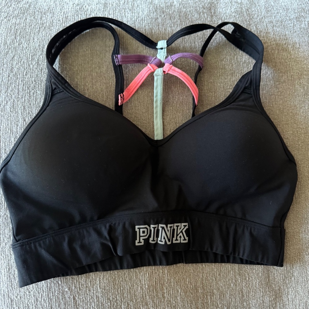 PINK Victoria's Secret Ultimate Black Sports Bra with Colorful Straps